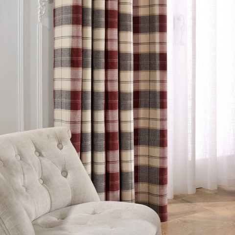 Cozy Plaid Check Burgundy Red Chenille Curtain Drapes