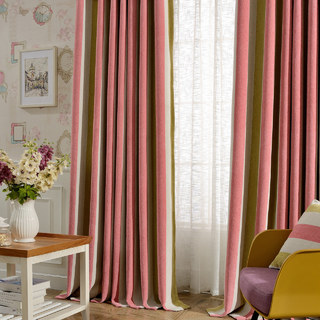 Sunshine Yellow Pink Chenille Bold Striped Curtains 1