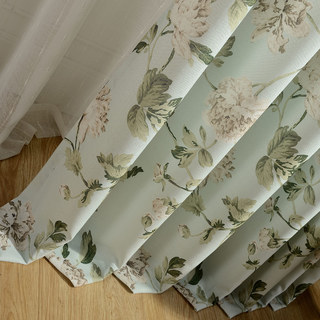 Pastel Peony Green and Cream Floral Curtain 3