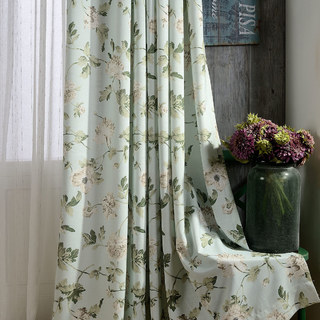 Pastel Peony Green and Cream Floral Curtain 1