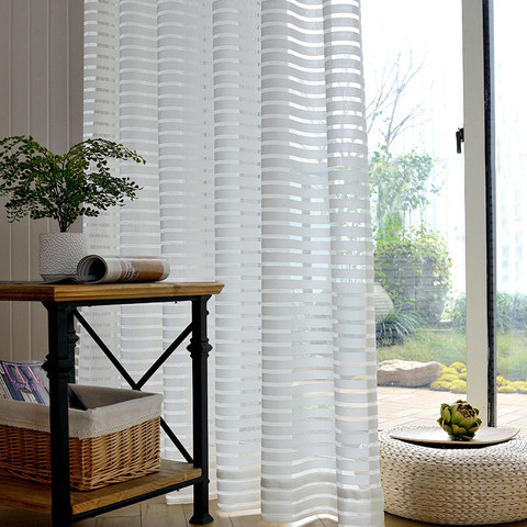 Distinct Horizontal Striped White Sheer Curtain 1
