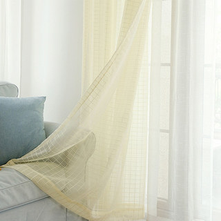 In Grid Windowpane Check Light Yellow Gold Shimmery Sheer Curtain 4