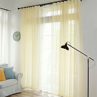 In Grid Windowpane Check Light Yellow Gold Shimmery Sheer Curtain 2