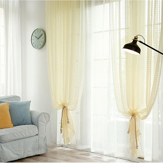 In Grid Windowpane Check Light Yellow Gold Shimmery Sheer Curtain 3