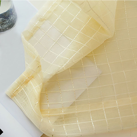 In Grid Windowpane Check Light Yellow Gold Shimmery Sheer Curtain 1