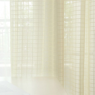 In Grid Windowpane Check Light Yellow Gold Shimmery Sheer Curtain 5