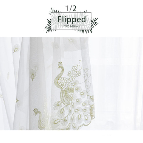 Flipped Pastel Yellow Peacock Embroidered Tulle Sheer Curtain 1