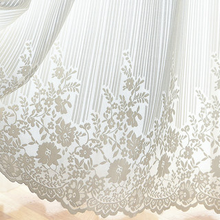Morning Chamomile Ivory White Striped Floral Tulle Lace Sheer Curtain 6