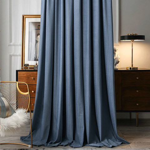 Scandinavian Basketweave Textured Haze Blue Velvet Blackout Curtains 1