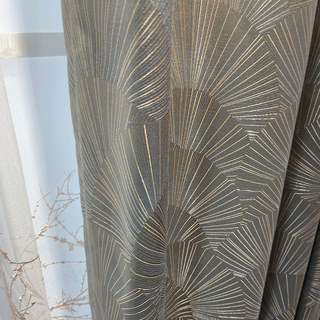 Gilded Ginkgo Art Deco Geometric Blue Gray Curtain with Gold Stripes 3