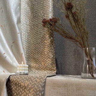 Field of Gold Jacquard Abstract Grain Patterned Mocha Curtain with Gold Details 4