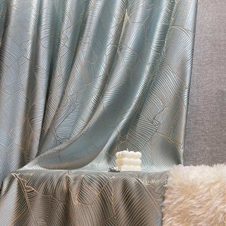 Banana Leaves Luxury 3D Jacquard Duck Egg Blue Curtain with Gold Details 5