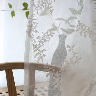 Frosted Pine White Embroidered Branches and Leaves Sheer Curtain 2