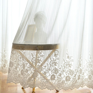 Morning Chamomile Ivory White Striped Floral Tulle Lace Sheer Curtain