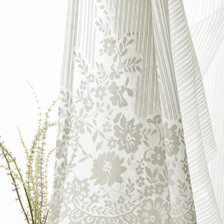 Morning Chamomile Ivory White Striped Floral Tulle Lace Sheer Curtain 5