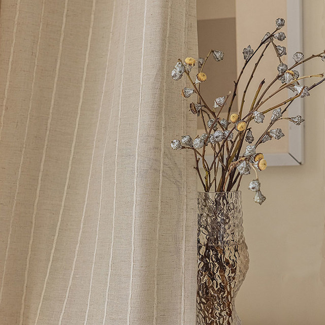 Idyll Striped Cream Oatmeal Linen Style Sheer Curtain 1
