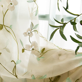 Fancy Pansy Green Leaf Embroidered Organza Sheer Curtain 1