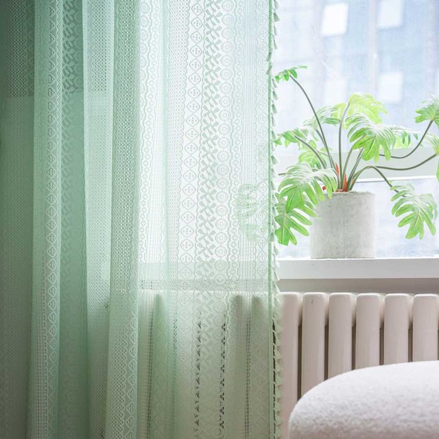 Wanderlust Weaves Geometric Lace Net Mint Green Boho Curtains