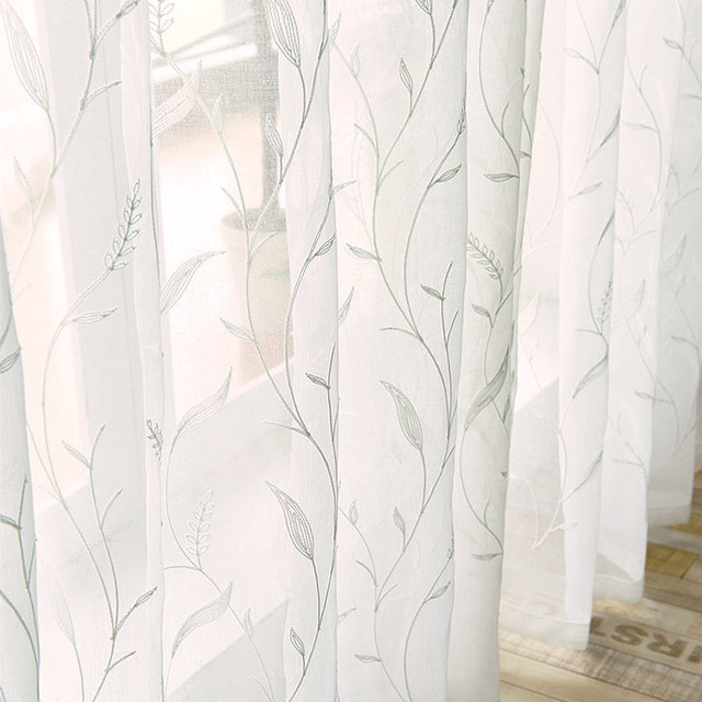 Dreamy Heather White Embroidered Leaf Sheer Curtain 1