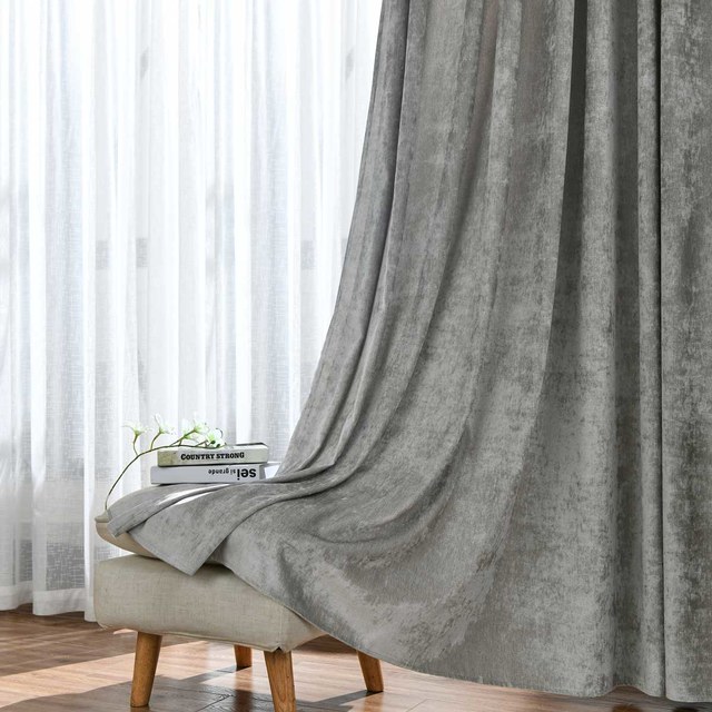 LuxeTouch Silver Gray Chenille Curtain Drapes 1