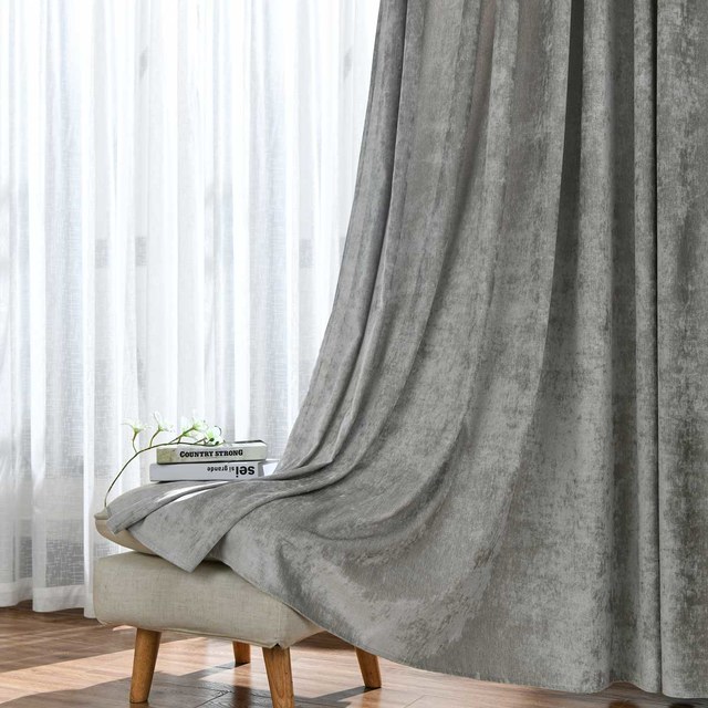 Luxury Silver Gray Chenille Curtain Drapes 1