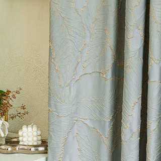 Paradise Luxury 3D Jacquard Tropical Leaves Pastel Blue Curtain with Gold Details 1