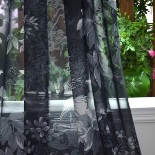 Oasis Tropical Trees Flowers Cranes Black Sheer Curtains 3