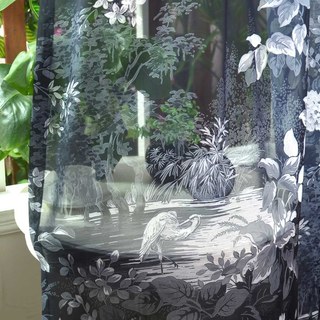 Oasis Tropical Trees Flowers Cranes Black Sheer Curtains 1