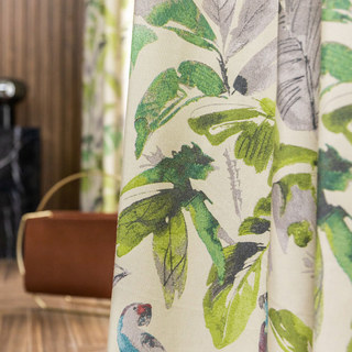 Verde Vista Tropical Leaves and Parrots Green Curtain 1