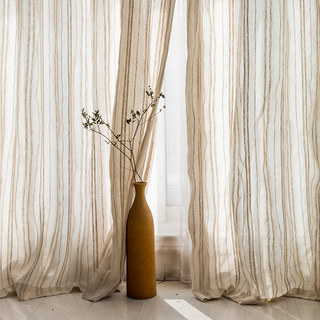Bliss Striped Oatmeal Linen Style Sheer Curtain 1