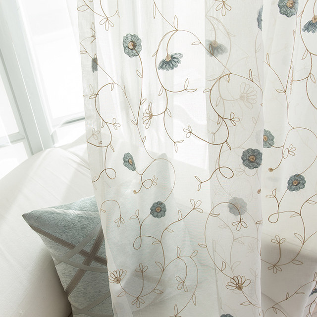 Floral Affairs Blue Gold Flower Embroidered Sheer Curtain 1