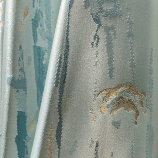 Misty Rain Jacquard Faux Silk Pastel Blue Abstract Curtain With Gold Details 3