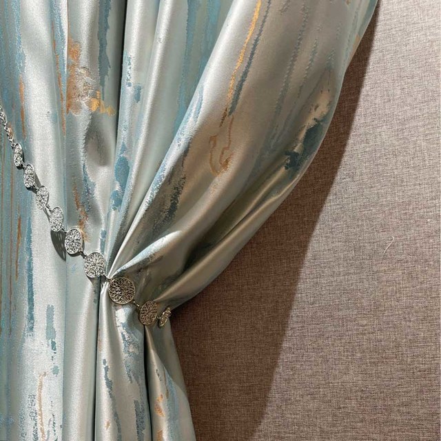 Misty Rain Jacquard Faux Silk Pastel Blue Abstract Curtain With Gold Details 1