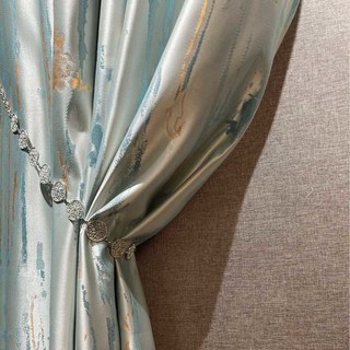 Misty Rain Jacquard Faux Silk Pastel Blue Floral Curtain With Gold Details 1