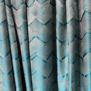 Zigzag Symphony Chevron Teal Blue Faux Silk Modern Geometric Curtains 1