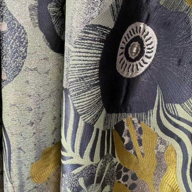 Earthy Whimsy Yellow Gold and Midnight Blue Modern Floral Curtains 1