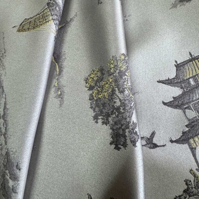 Pagoda & Junk Boat Chinoiserie Silvery Gray Satin Floral Curtain with Gold Details 1