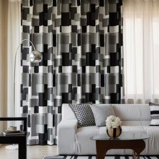 Urban Grid Monochrome Black White and Gray Chenille Geometric Curtain 3