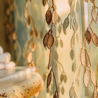 Sunlit Leaves Dark Green and Gold 3D Embroidered Sheer Curtain 4