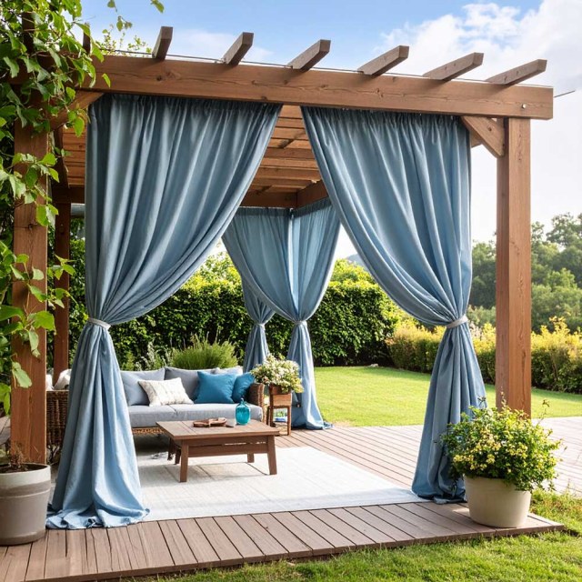 Endless Summer Waterproof Haze Blue Linen Style Outdoor Heavy Sheer Curtain 1