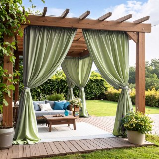 Endless Summer Waterproof Sage Olive Green Linen Style Outdoor Heavy Sheer Curtain