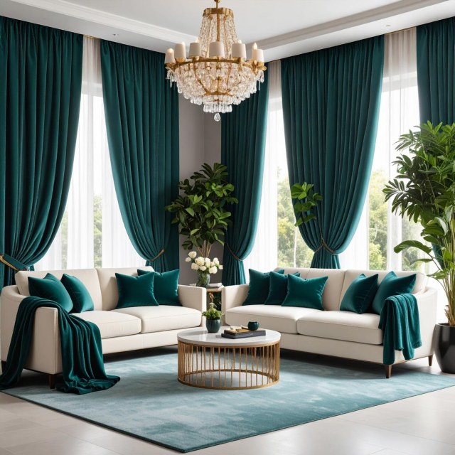 Fine Teal Green Matte Velvet Curtain 1