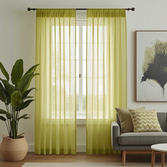 Crisscross Calm Lime Green Textured Sheer Curtain 1