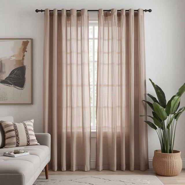 Crisscross Clam Mocha Light Brown Textured Sheer Curtain 1