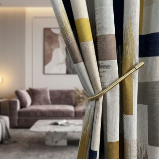 Abstract Strokes Luxury Geometric Midnight Navy and Yellow Curtain 3