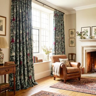 Arbutus Red Berries William Morris Green Floral Velvet Curtain 3