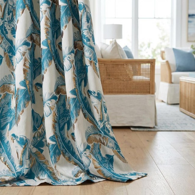 Banana Leaf Bliss Teal Blue and Gold Tropical Curtains 1