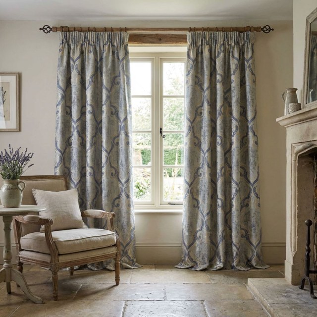 Baroque Mist Blue and Gold Damask Curtains 1