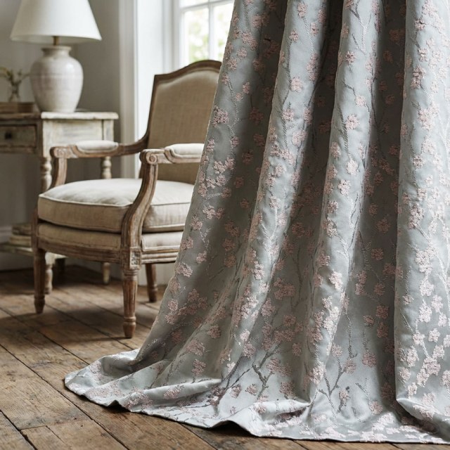 Cherry Blossoms Mint Green Floral Chenille Blackout Curtain 1