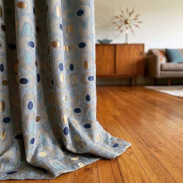 Circle Vibe Mid Century Modern Multicolor Gray Blue Gold Geometric Chenille Blackout Curtain 1